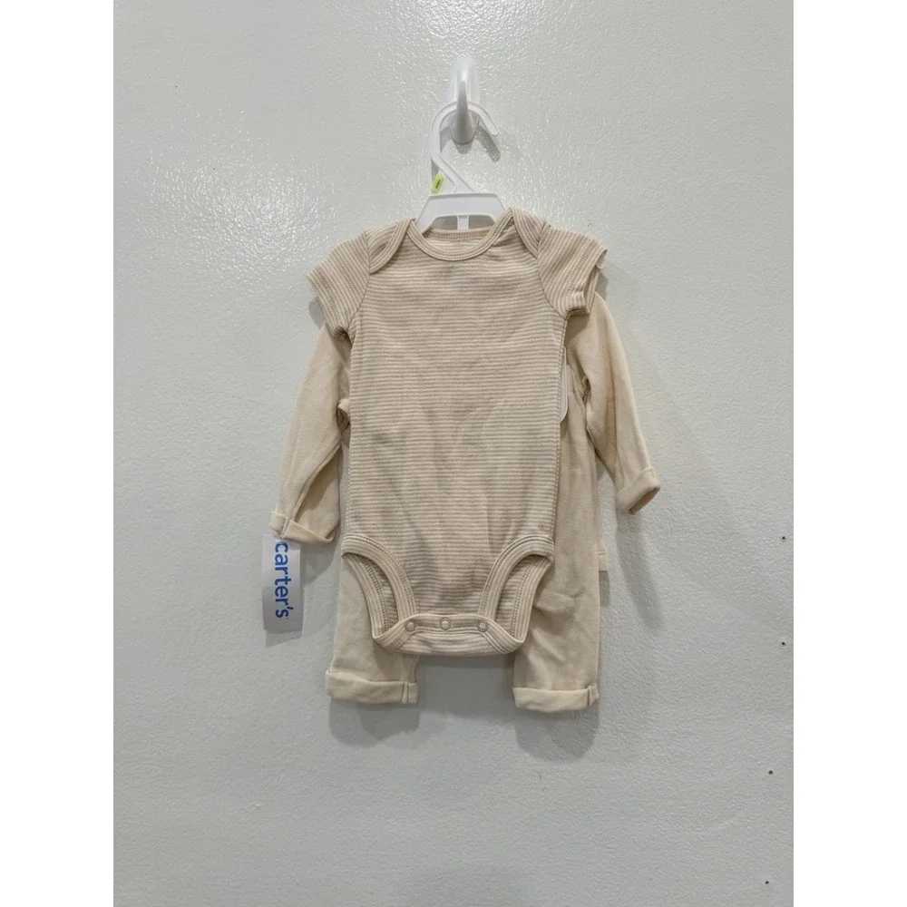 Carter's Baby Boys 3M 3 Piece Outfit Set Beige Cream Cardigan Pants Bodysuit NWT